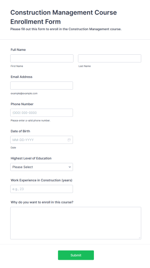 Construction Management Course Enrollment Form Template