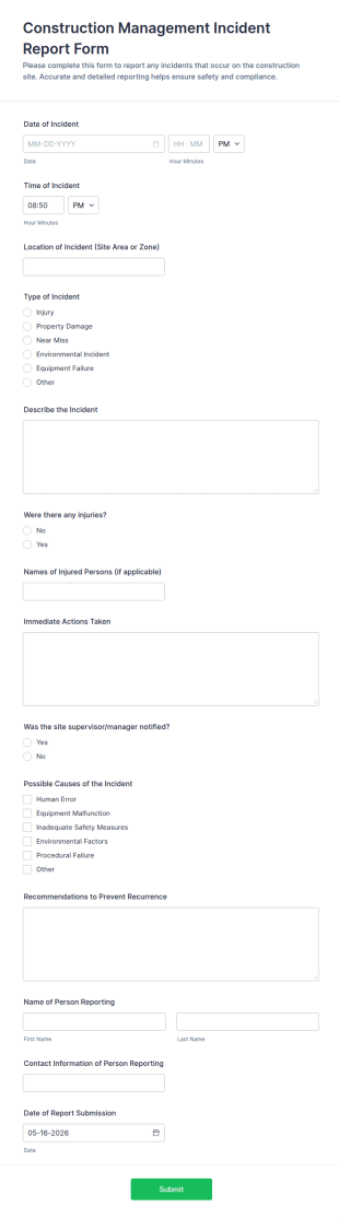 Construction Management Incident Report Form Template