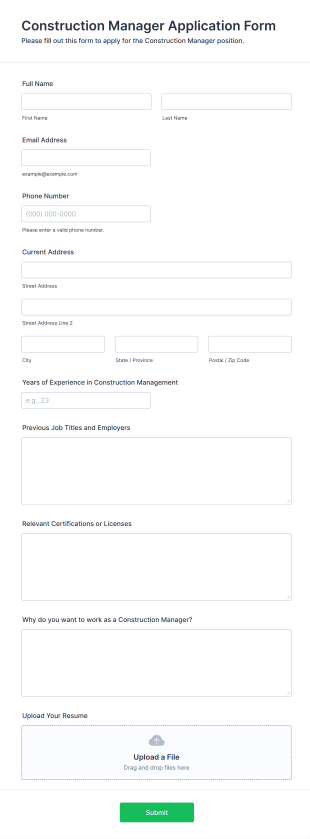 Construction Manager Application Form Form Template
