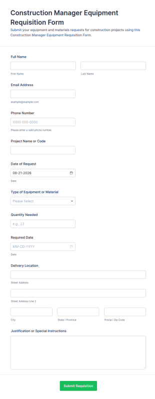 Construction Manager Equipment Requisition Form Template