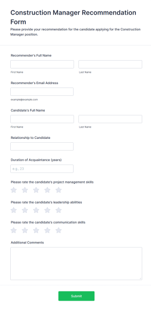 Construction Manager Recommendation Form Form Template
