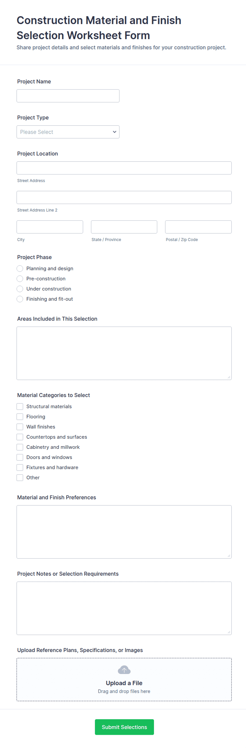 Construction Material and Finish Selection Worksheet Form Template ...