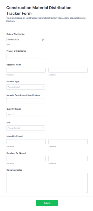 Construction Material Distribution Tracker Form Template