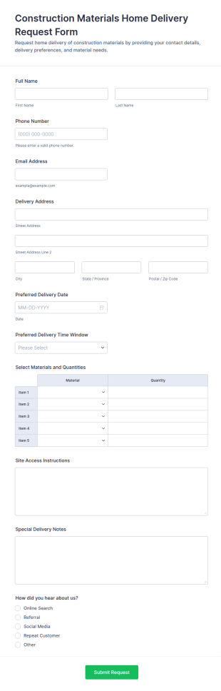 Construction Materials Home Delivery Request Form Template