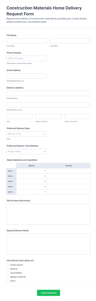 Construction Materials Home Delivery Request Form Template