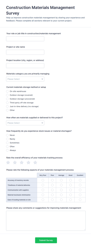 Construction Materials Management Survey Form Template