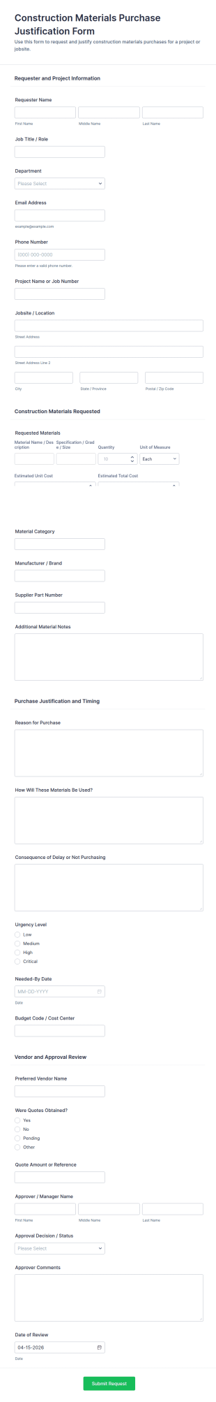 Construction Materials Purchase Justification Form Template