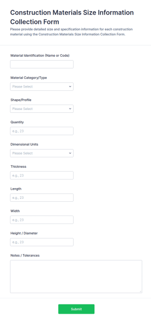 Construction Materials Size Information Collection Form Template