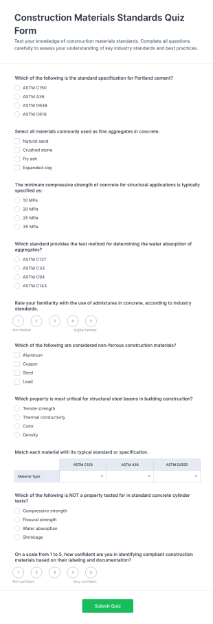 Construction Materials Standards Quiz Form Template