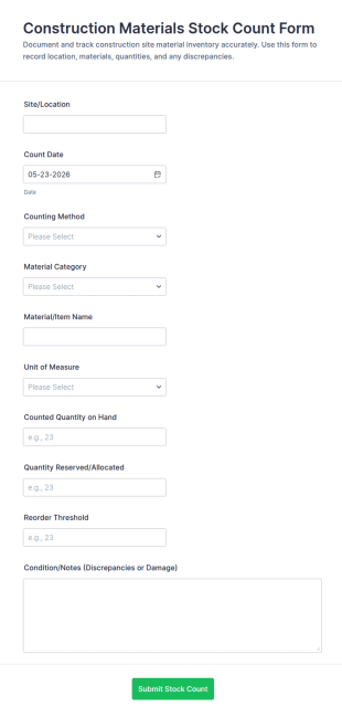 Construction Materials Stock Count Form Template