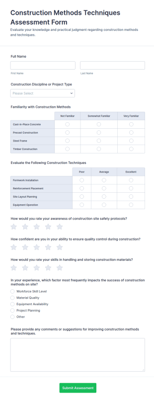 Construction Methods Techniques Assessment Form Template
