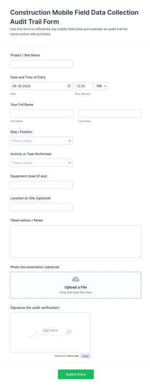 Construction Mobile Field Data Collection Audit Trail Form Template
