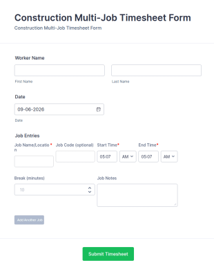 Construction Multi Job Timesheet Form Template