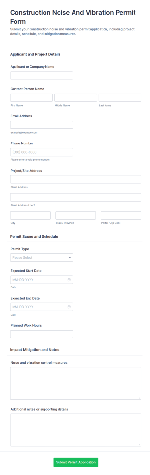 Construction Noise And Vibration Permit Application Form Template