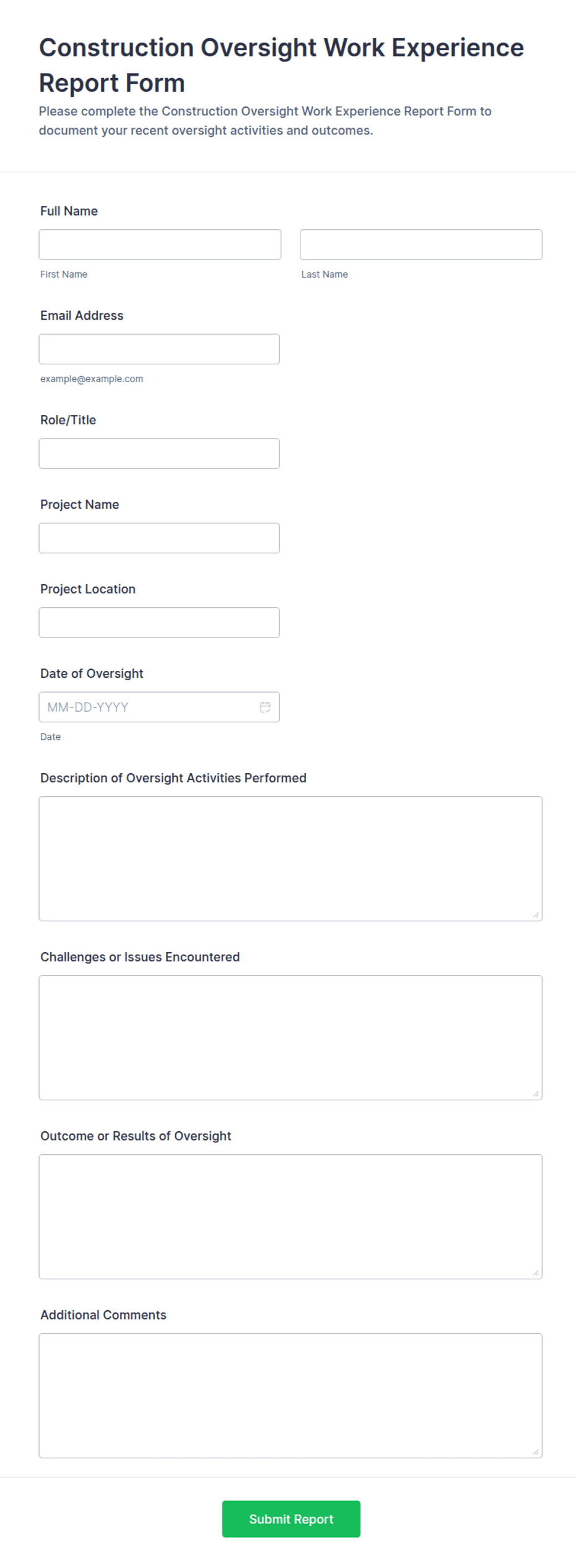 Product Construction Example Construction Oversight Work Experience Report Form Template | Jotform