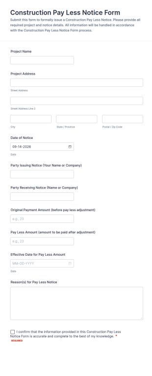 Construction Pay Less Notice Form Template