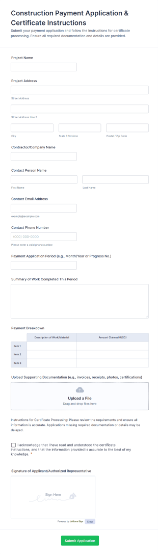 Construction Payment Application & Certificate Instructions Form Template