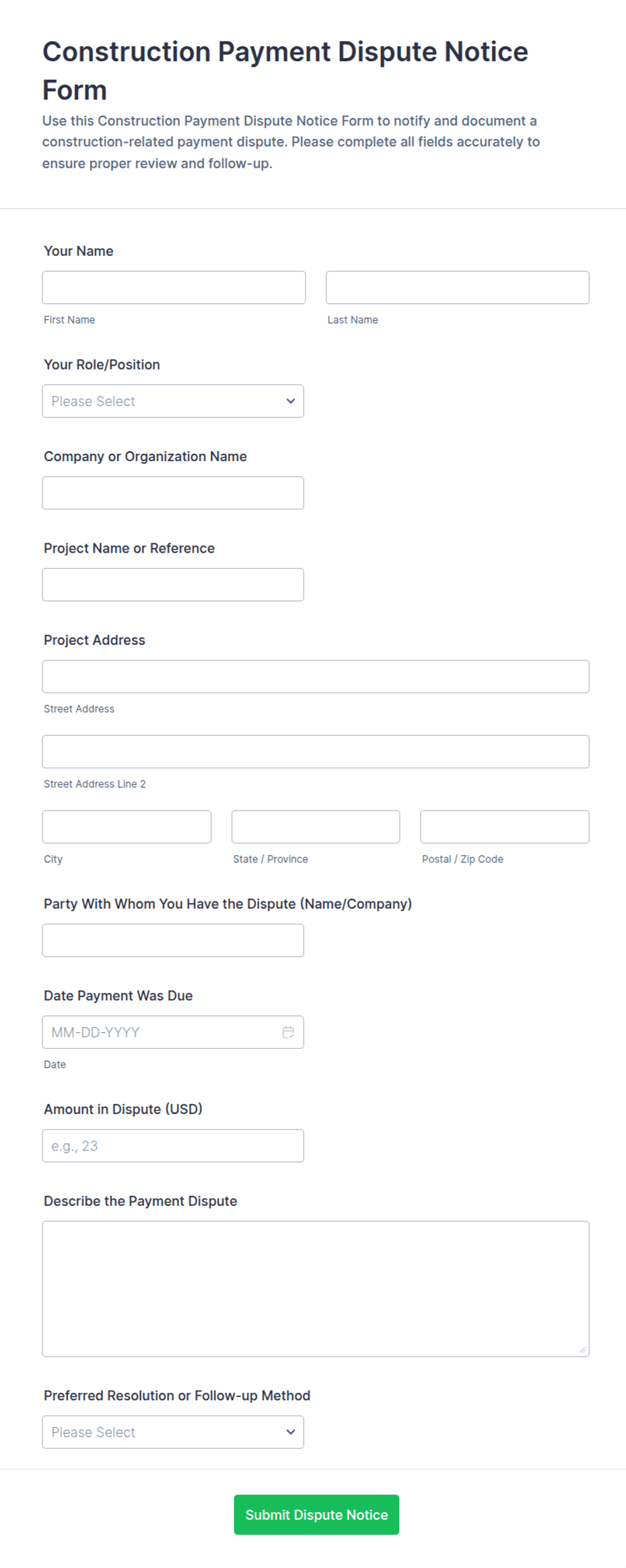 Pay Less Notice Construction Payment Dispute Notice Form Template | Jotform