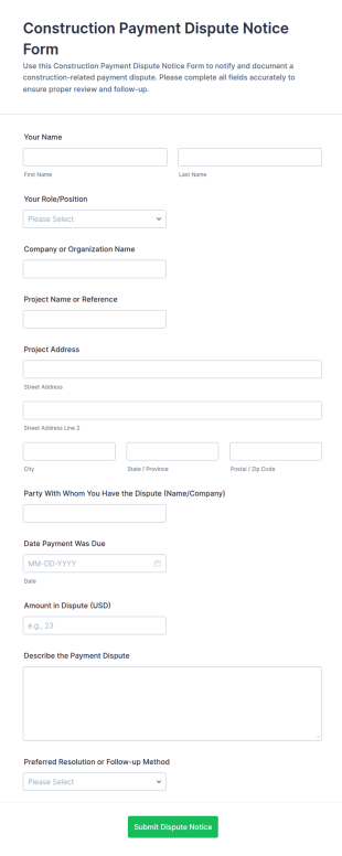 Construction Payment Dispute Notice Form Template