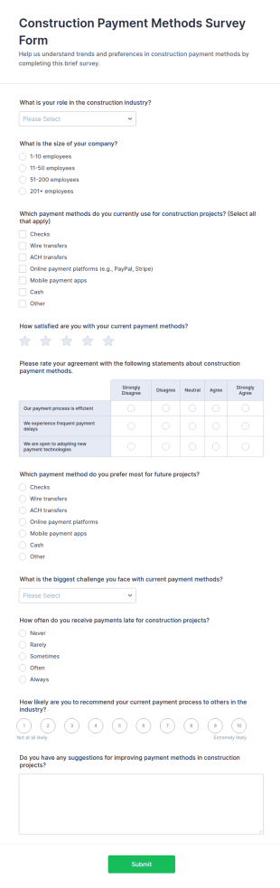 Construction Payment Methods Survey Form Template