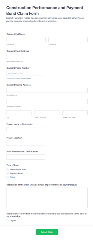 Construction Performance And Payment Bond Claim Form Template