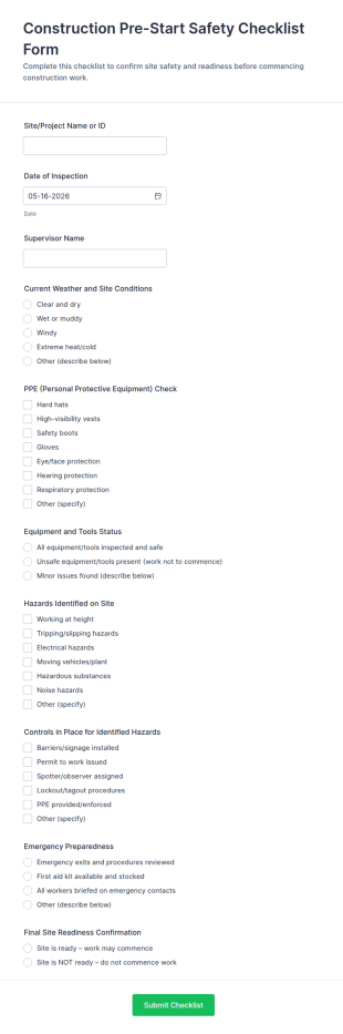 Construction Pre Start Safety Checklist Form Template