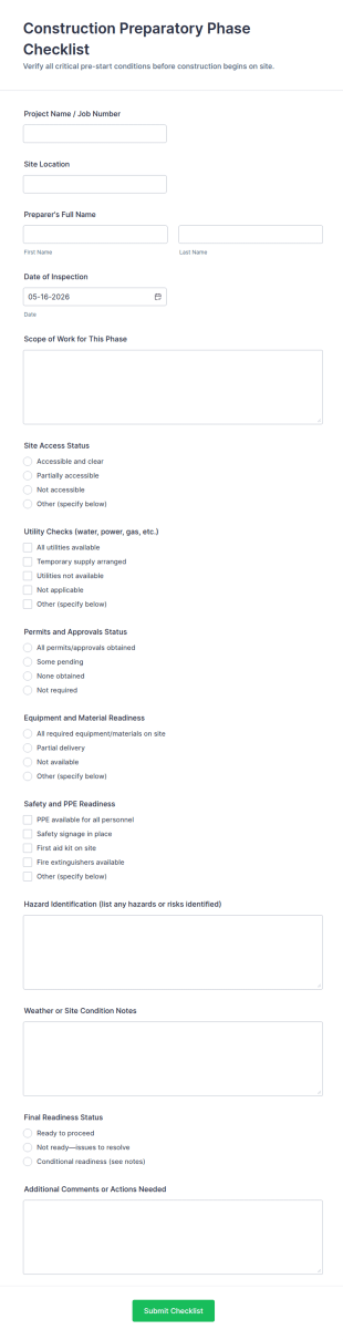 Construction Preparatory Phase Checklist Form Template