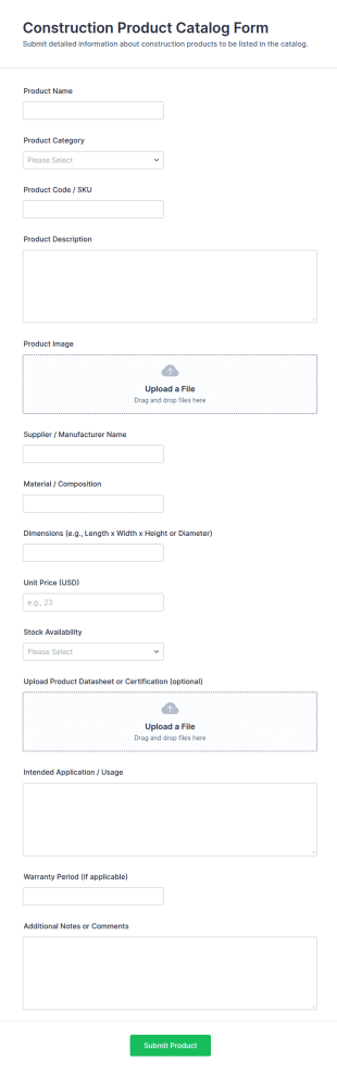 Construction Product Catalog Form Template