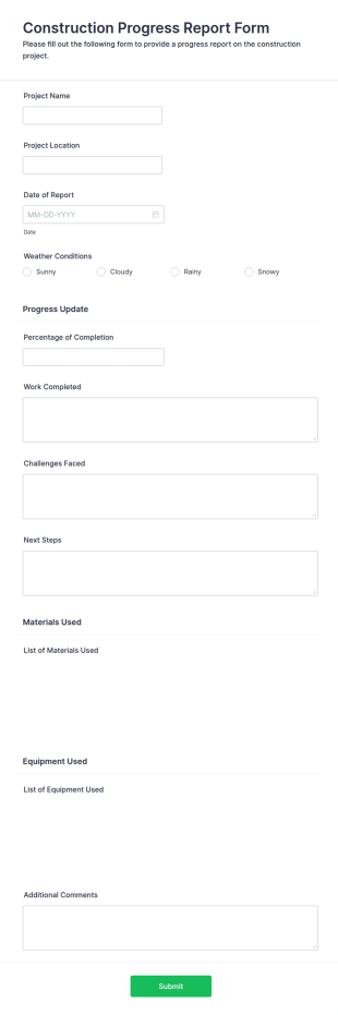 Construction Progress Report Form Template