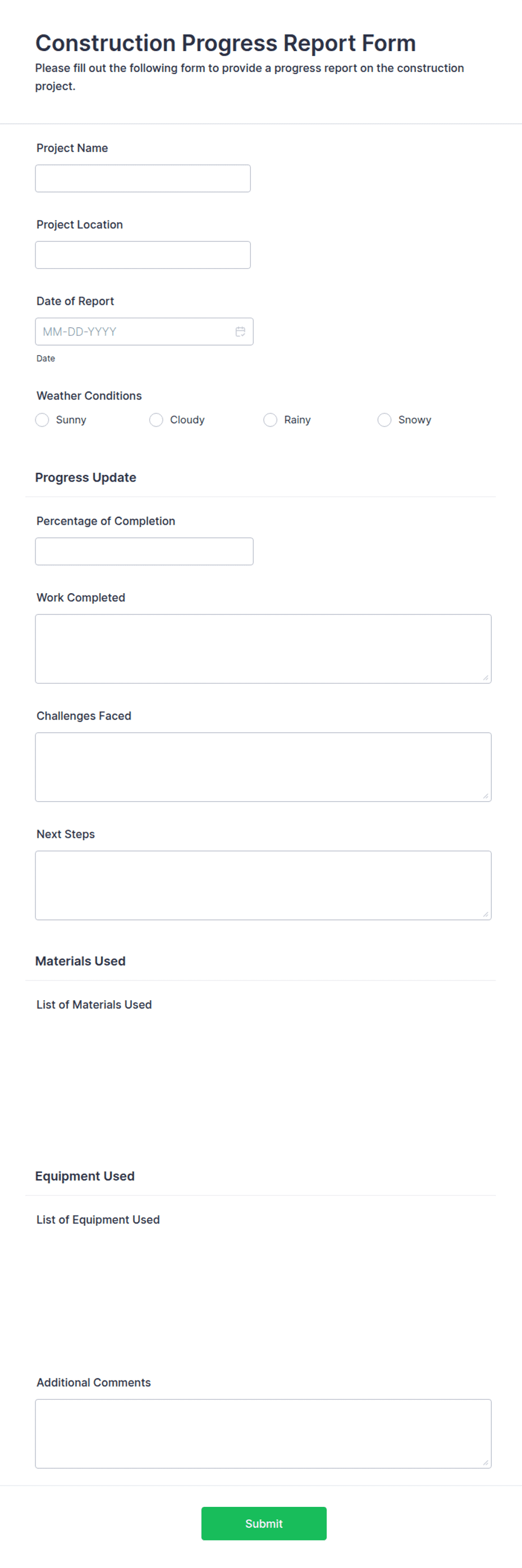 Work Progress Report Form Construction Progress Report Form Template | Jotform