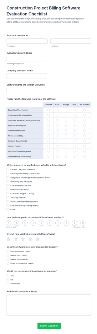 Construction Project Billing Software Evaluation Checklist Form Template