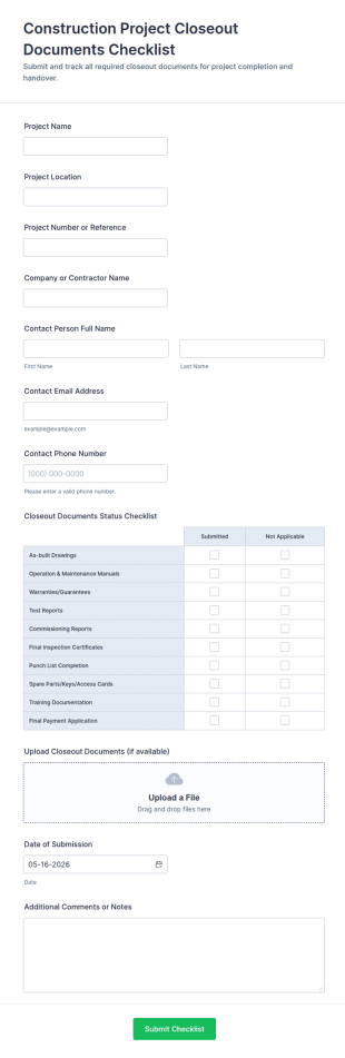 Construction Project Closeout Documents Checklist Form Template