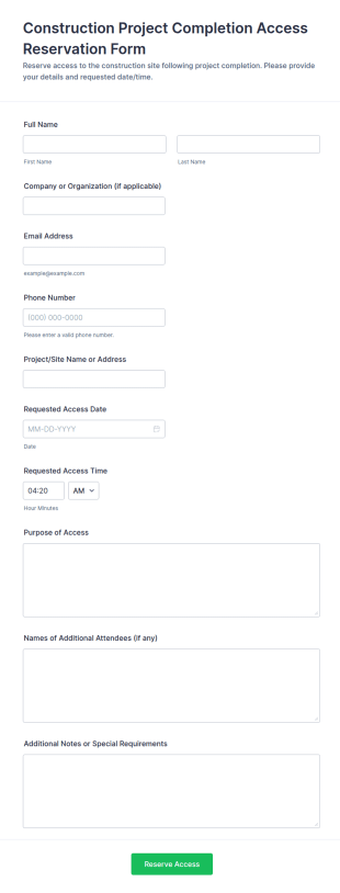 Construction Project Completion Access Reservation Form Template