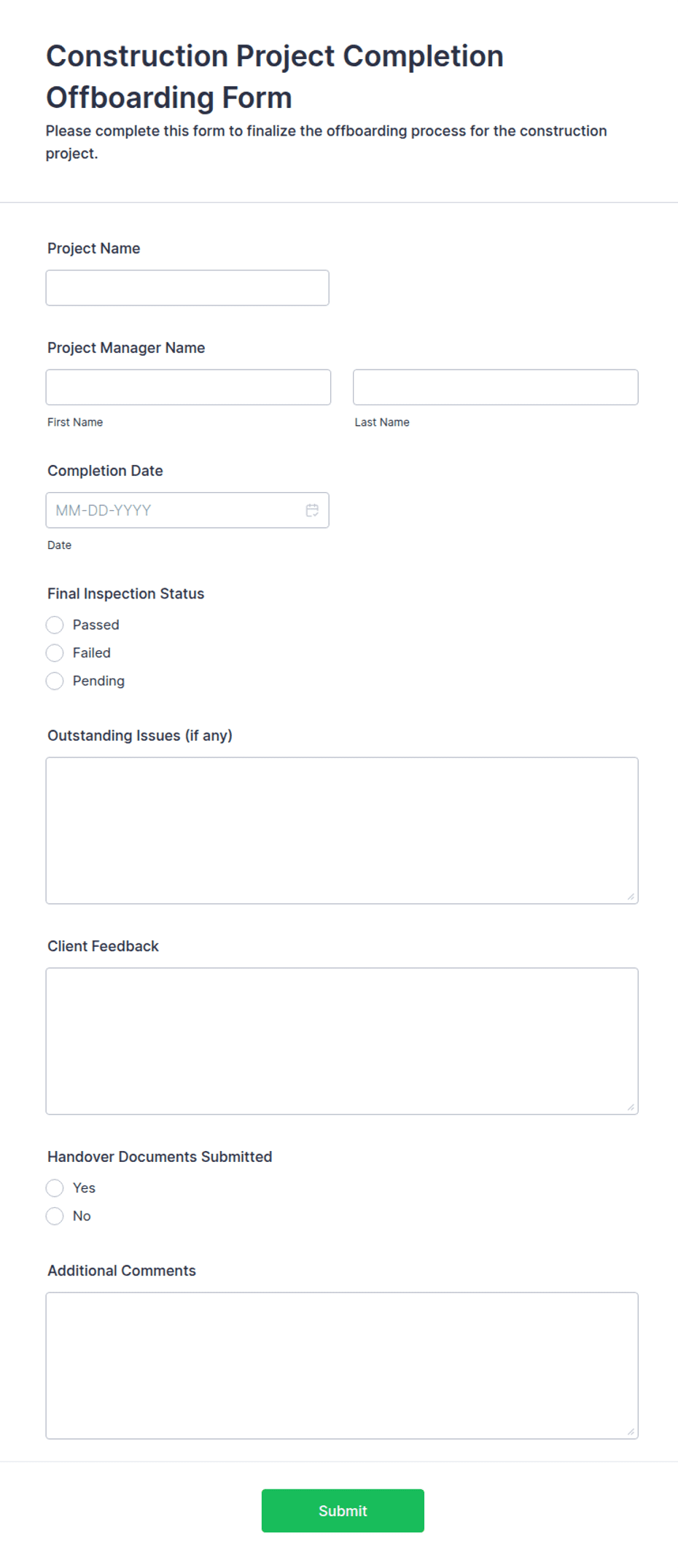 Construction Project Completion Offboarding Form Template | Jotform