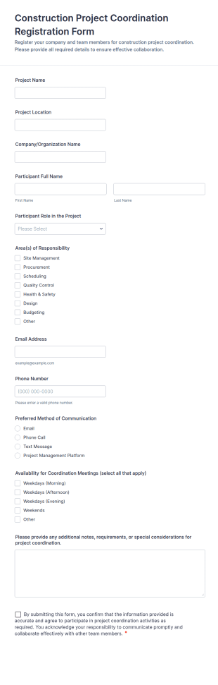 Construction Project Coordination Registration Form Template