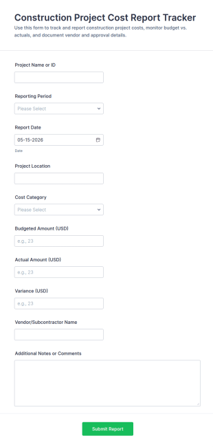Construction Project Cost Report Tracker Form Template