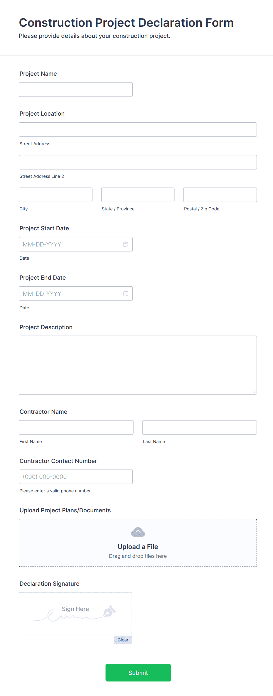 Construction Project Declaration Form Template | Jotform