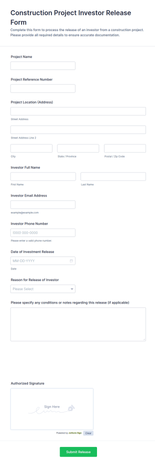 Construction Project Investor Release Form Template