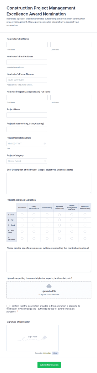 Construction Project Management Excellence Award Nomination Form Template