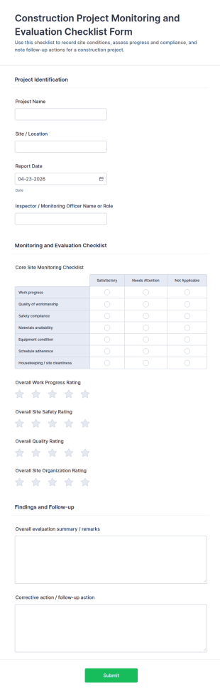 Construction Project Monitoring And Evaluation Checklist Form Template