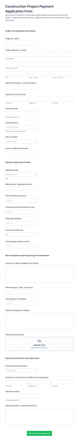 Construction Project Payment Application Form Template