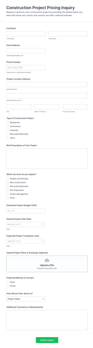 Construction Project Pricing Inquiry Form Template