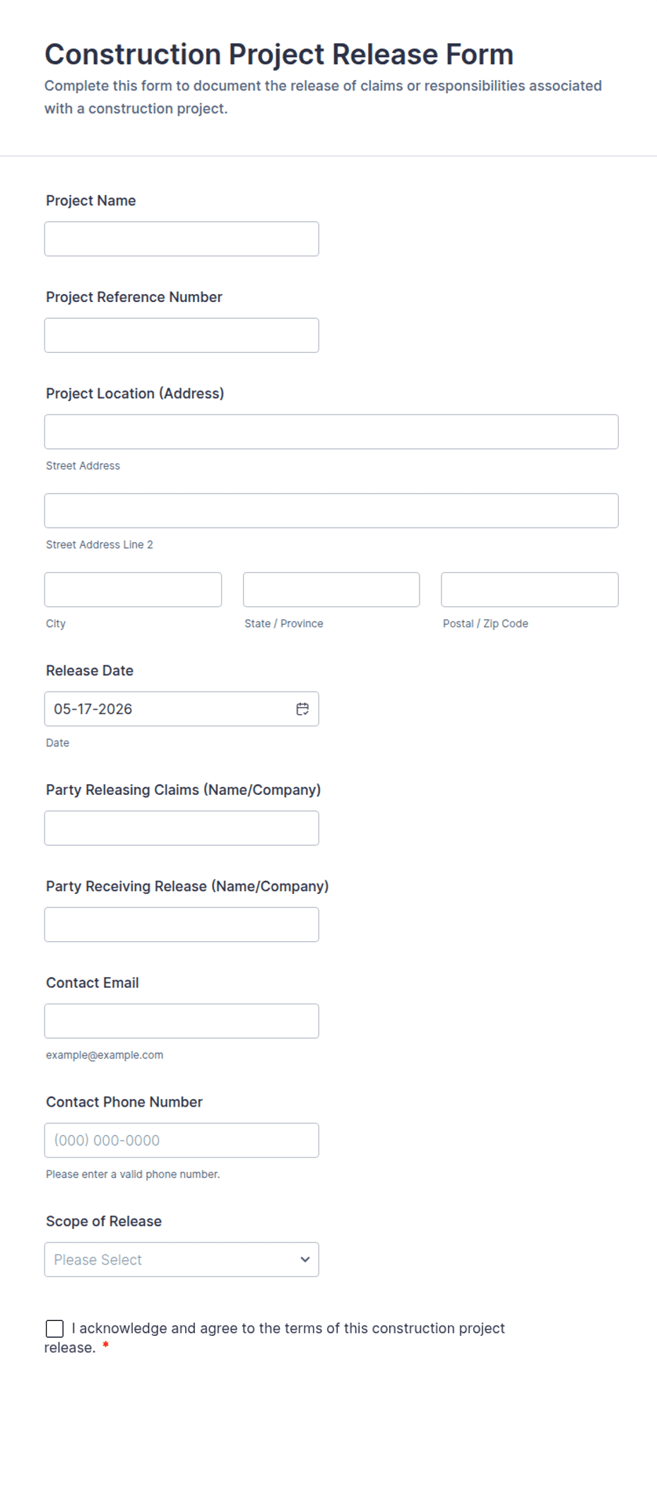 Construction Project Release Form Template | Jotform