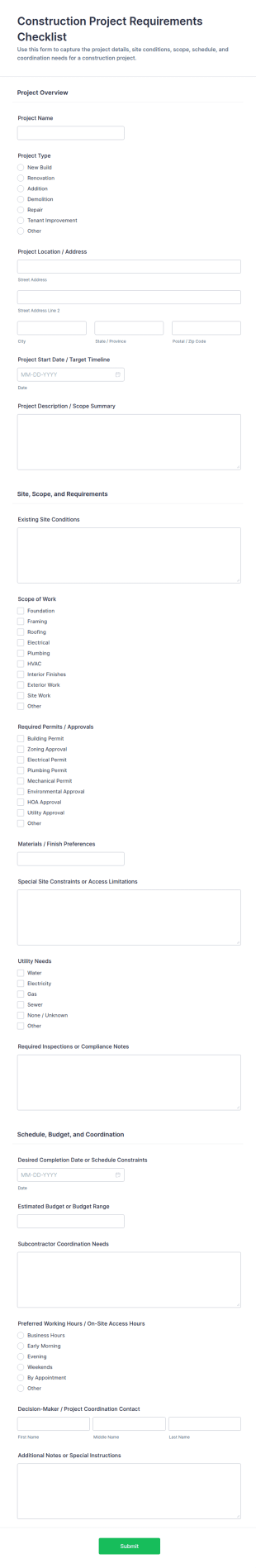 Construction Project Requirements Checklist Form Template
