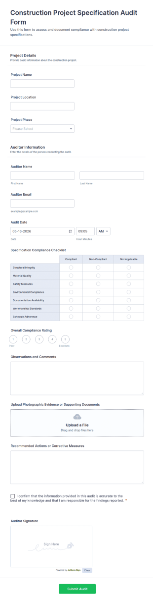 Construction Project Specification Audit Form Template