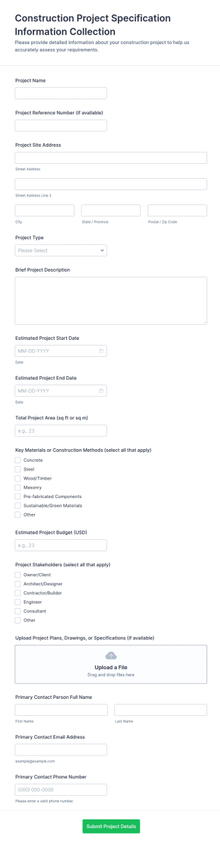Construction Project Specification Information Collection Form Template