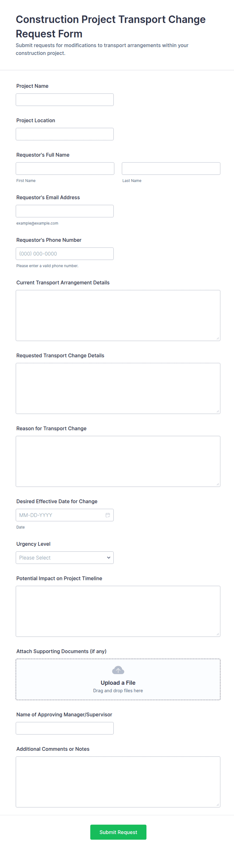 Construction Rework Form.pdf Construction Project Transport Change Request Form Template | Jotform