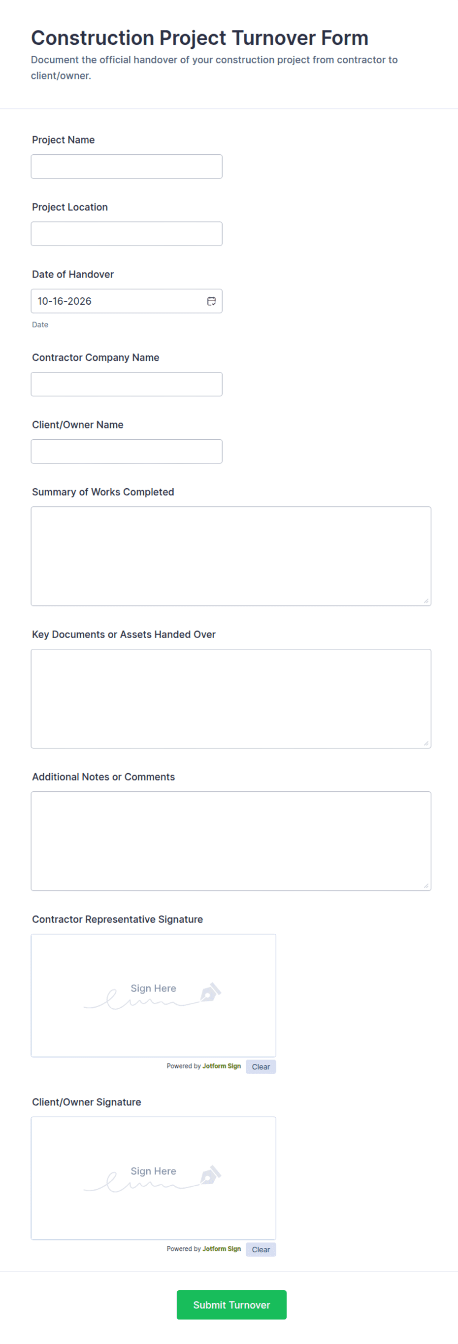 Construction Project Turnover Form Template | Jotform