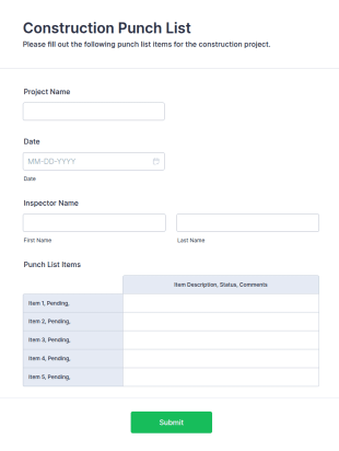 Construction Punch List Form Template