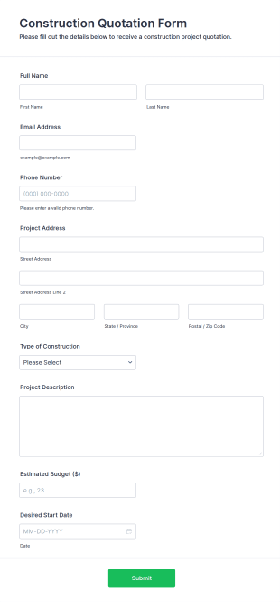 Construction Quotation Form Template